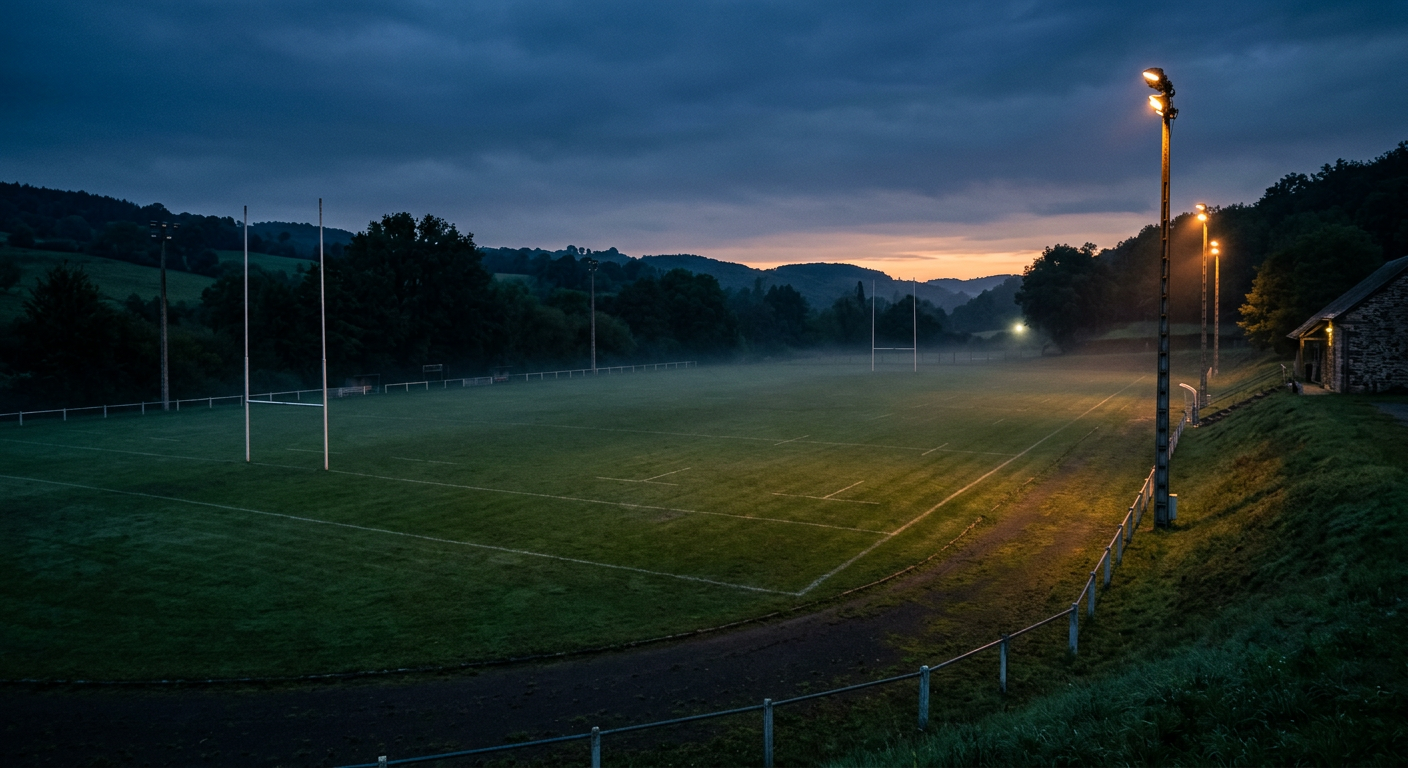Terrain de rugby éclairé en soirée, vu depuis les tribunes